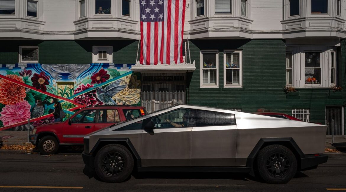 A Tesla Cybertruck in the Mission District of San Francisco on Nov. 6, 2024. The Cybertruck is Tesla’s first new model since 2020, but its sales have been much more modest than those of the company’s most popular car, the Model Y. (Loren Elliott/The New York Times)