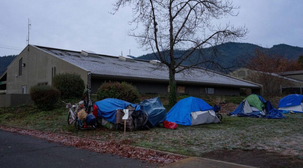Tents of unhoused people in Ashland, Ore. on Dec. 7, 2024. The number of people experiencing homelessness in America topped 770,000, a one-year increase of more than 18% and the largest annual increase since data began in 2007, according to a Department of Housing and Urban Development report released on Dec. 27. (Ruth Fremson/ The New York Times)..
