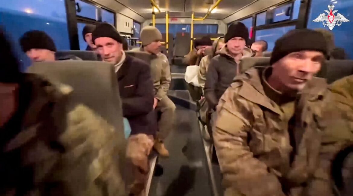 In this photo taken from video released by the Russian Defense Ministry Press Service on Monday, Dec. 30, 2024, a group of Russian soldiers sit in a bus after being released in a prisoners swap between Russia and Ukraine, at an unspecified location in Belarus. (Russian Defense Ministry Press Service via AP)In this photo taken from video released by the Russian Defense Ministry Press Service on Monday, Dec. 30, 2024, a group of Russian soldiers sit in a bus after being released in a prisoners swap between Russia and Ukraine, at an unspecified location in Belarus. (Russian Defense Ministry Press Service via AP)