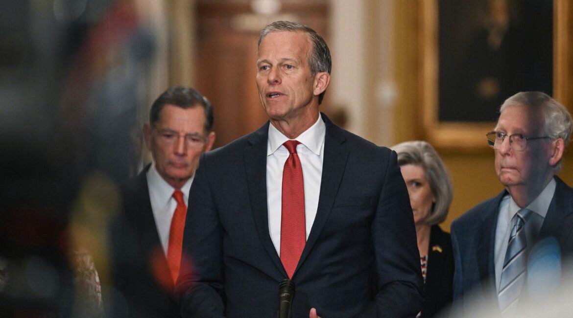 Sen. John Thune (R-S.D.) during a weekly news conference on Capitol Hill in Washington, April 9, 2024. One of Thune’s first challenges as majority leader will be to shepherd multiple Trump nominees to confirmation in the closely divided Senate. (Kenny Holston/The New York Times)
