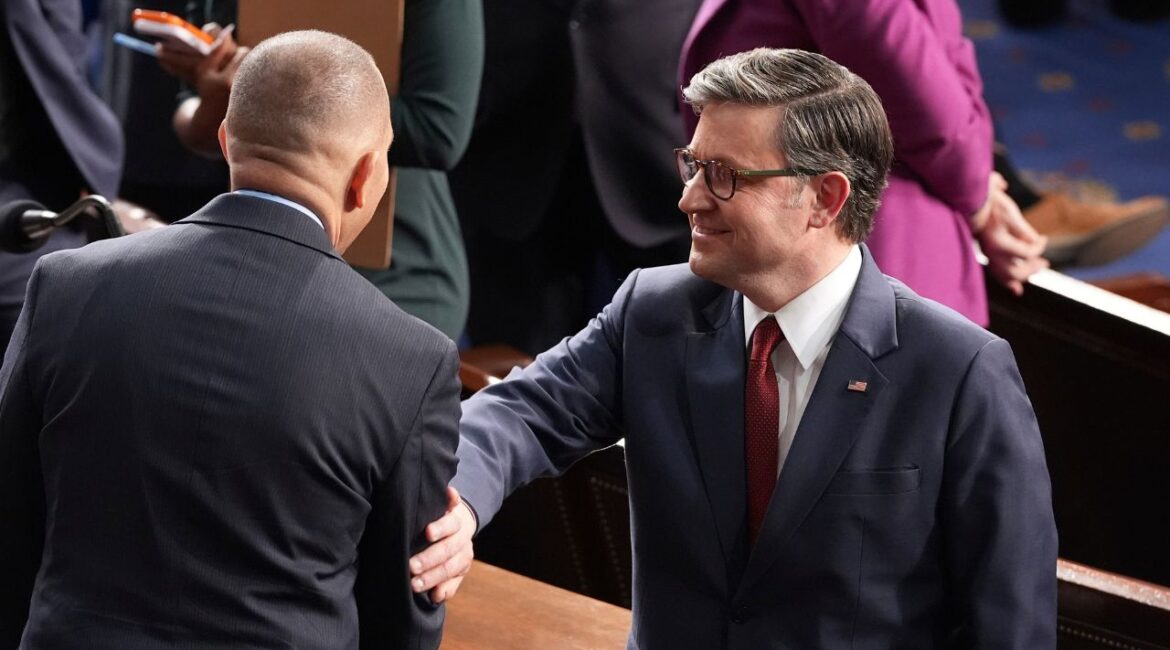 House Speaker Mike Johnson, R-La., right, speaks with House Minority leader Hakeem as the House of Representatives meets to elect a speaker and convene the new 119th Congress at the Capitol in Washington, Friday, Jan. 3, 2025. (AP/Jacquelyn Martin)