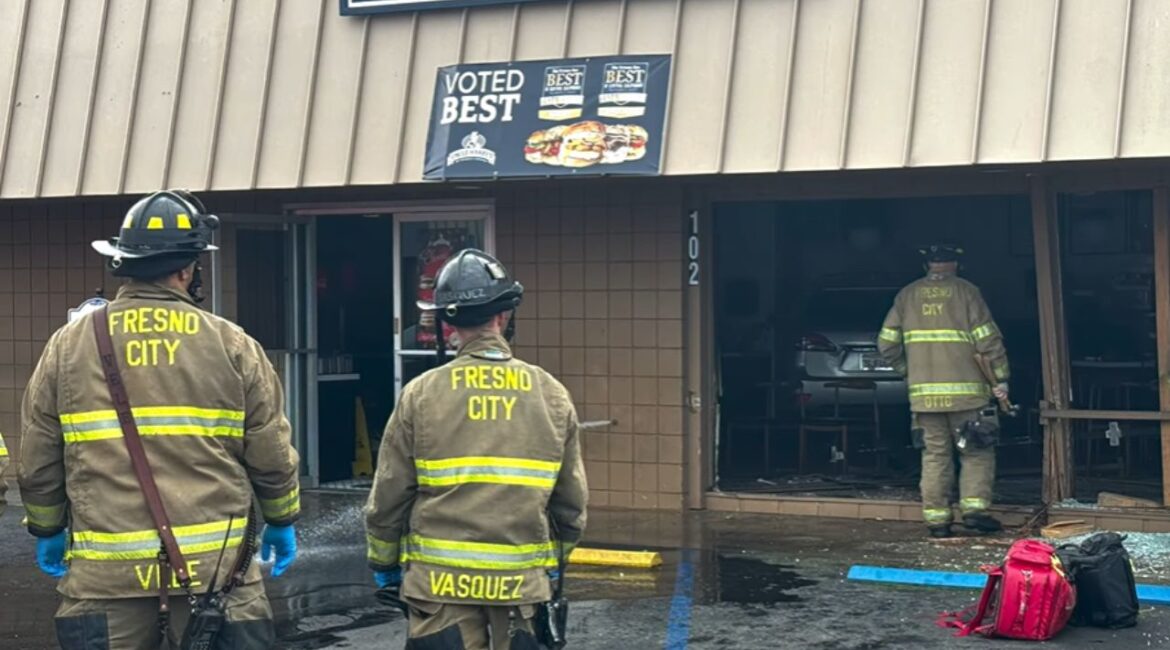 A vehicle crashed into a Fresno bagel shop, injuring five and causing structural damage that forced nearby businesses to temporarily close. (Fresno FD Video Screenshot)