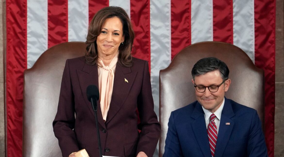 Vice President Kamala Harris reads the results as House Speaker Mike Johnson of La., listens during a joint session of Congress to confirm the Electoral College votes, affirming President-elect Donald Trump's victory in the presidential election, Monday, Jan. 6, 2025, at the U.S. Capitol in Washington. (AP/Matt Rourke)