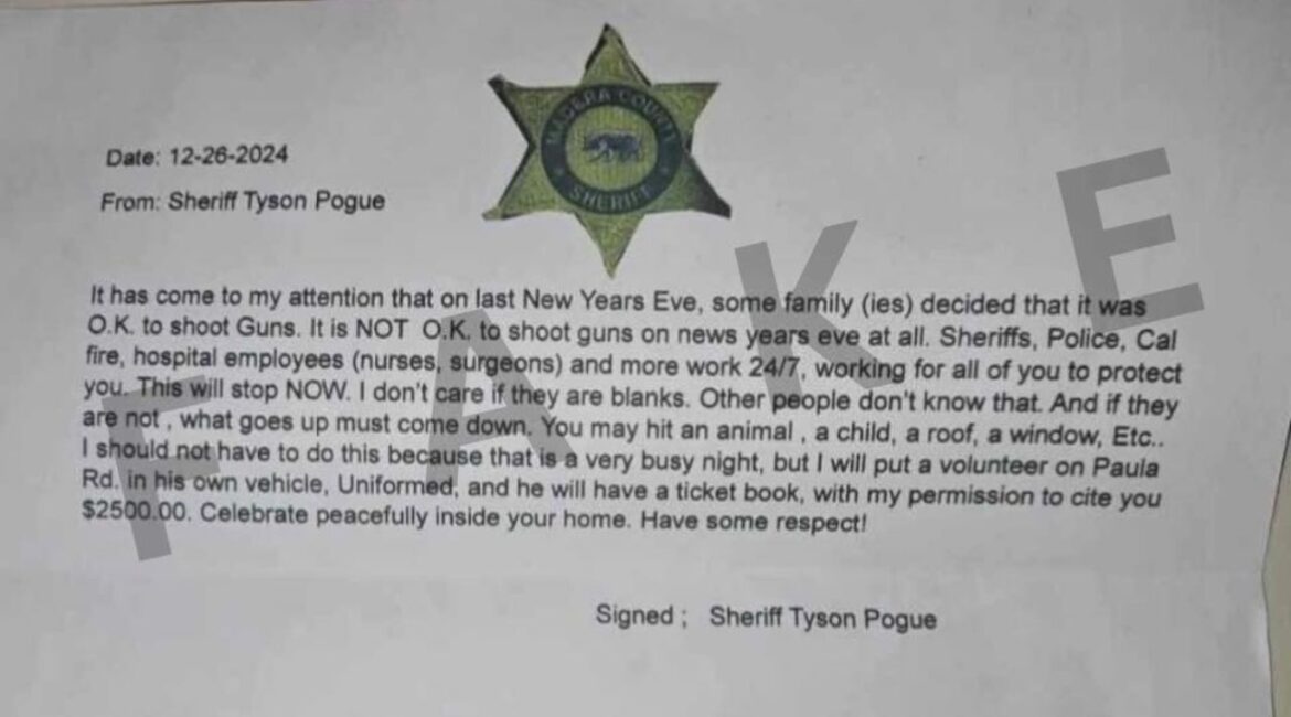 Madera County Sheriff’s Office is investigating fraudulent letters falsely claiming to be official warnings about gunfire fines. (Madera County SO)