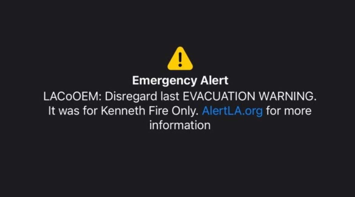 An emergency evacuation alert sent to Los Angeles County residents in error caused panic, with officials clarifying it was only for those near the Kenneth Fire in West Hills. (GV Wire)
