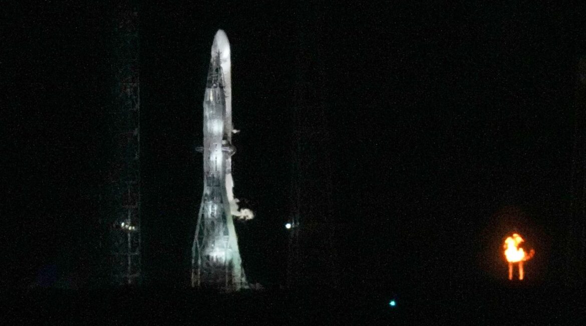 Blue Origin's New Glenn rocket is seen on Launch Complex 36 shortly before the launch attempt was scrubbed at the Cape Canaveral Space Force Station, Monday, Jan. 13, 2025, in Cape Canaveral, Fla. (AP/John Raoux)