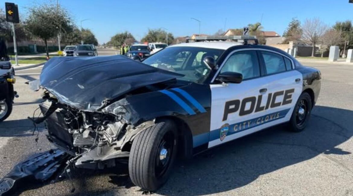 A Clovis Police officer suffered minor injuries in a collision with a distracted driver while responding to a DUI call. (Clovis PD)