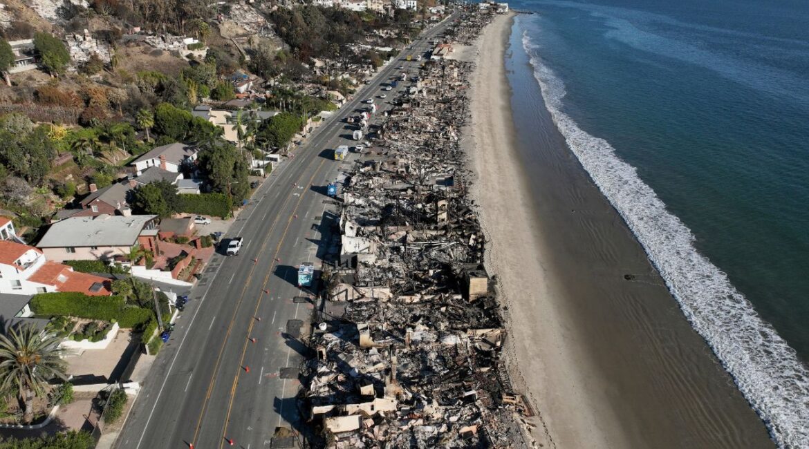 An aerial view shows the devastation from the Palisades Fire on beachfront homes Wednesday, Jan. 15, 2025 in Malibu, Calif. (AP/Jae C. Hong)