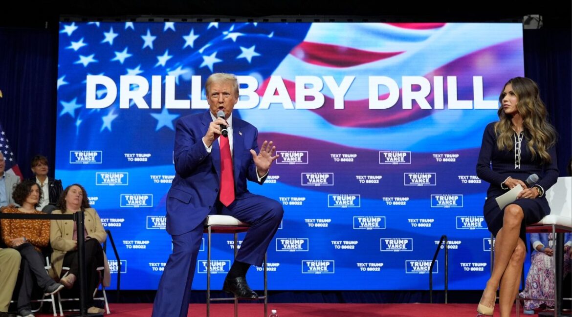 Republican presidential nominee former President Donald Trump speaks at a campaign town hall at the Greater Philadelphia Expo Center & Fairgrounds, Oct. 14, 2024, in Oaks, Pa., as moderator South Dakota Gov. Kristi Noem listens. (AP File)