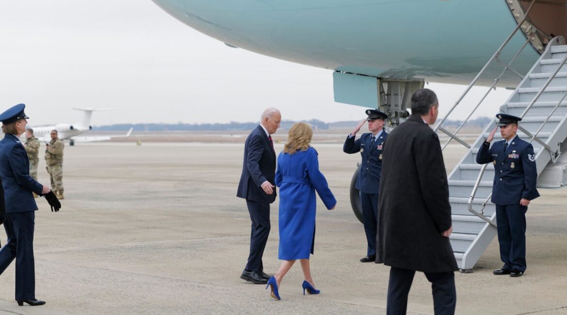President Joe Biden and First Lady Jill Biden embark on Air Force One at Joint Base Andrews, Md., as he travels to Charleston, S.C., on his last day in office, Jan 19, 2025. President Biden pardoned five activists and public servants on Sunday, including a posthumous grant of clemency to the civil rights leader Marcus Garvey, who mobilized the Black nationalist movement and was convicted of mail fraud in 1923. (Cheriss May/The New York Times)