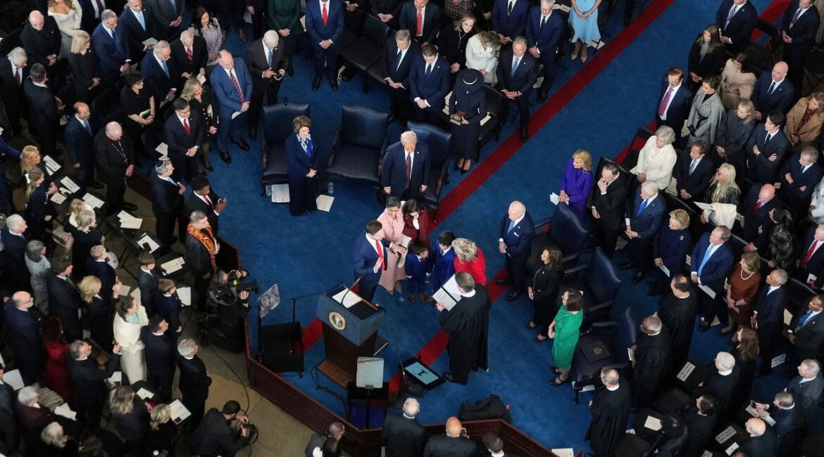 Vice President-elect JD Vance takes the oath of office during the 60th Presidential Inauguration in the Rotunda of the U.S. Capitol in Washington, Monday, Jan. 20, 2025. (Chip Somodevilla/Pool Photo via AP)
