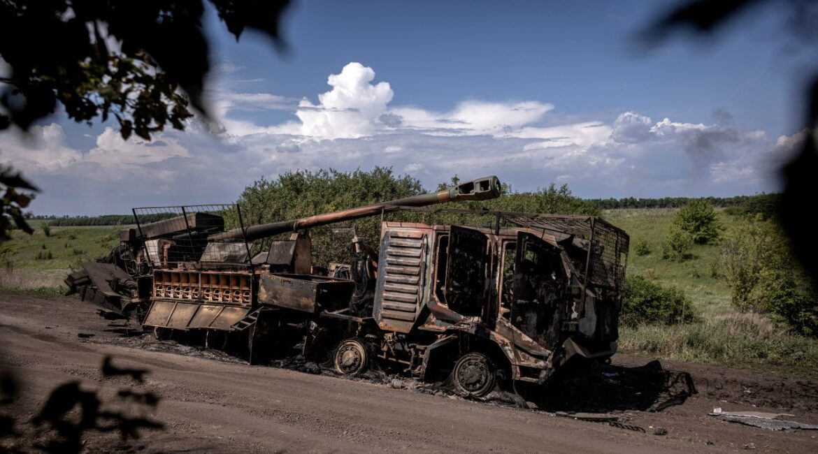 Destroyed artillery on a road near the town of Vovchansk, in the northeastern Kharkiv region of Ukraine, on Tuesday, May 21, 2024. Kyiv has been slowly losing areas it reclaimed last year as its troops are stretched thin by a new Russian offensive in the north. (Finbarr O’Reilly/The New York Times)