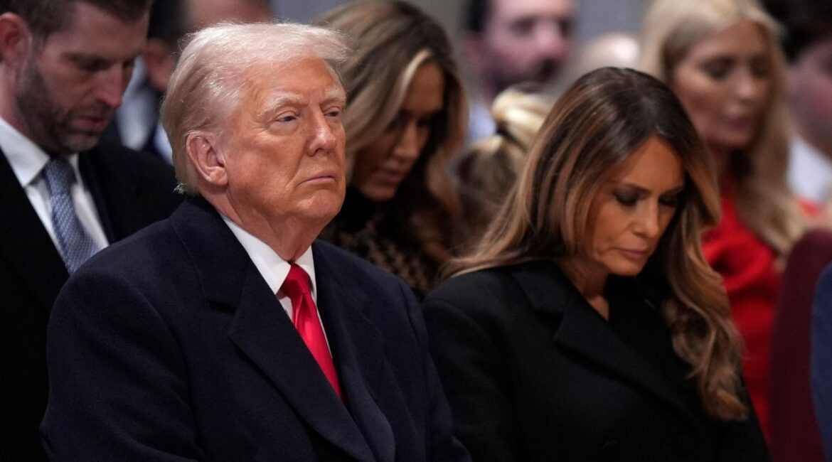 President Donald Trump, left, and first lady Melania Trump attend the national prayer service at the Washington National Cathedral, Tuesday, Jan. 21, 2025, in Washington. (AP/Evan Vucci)