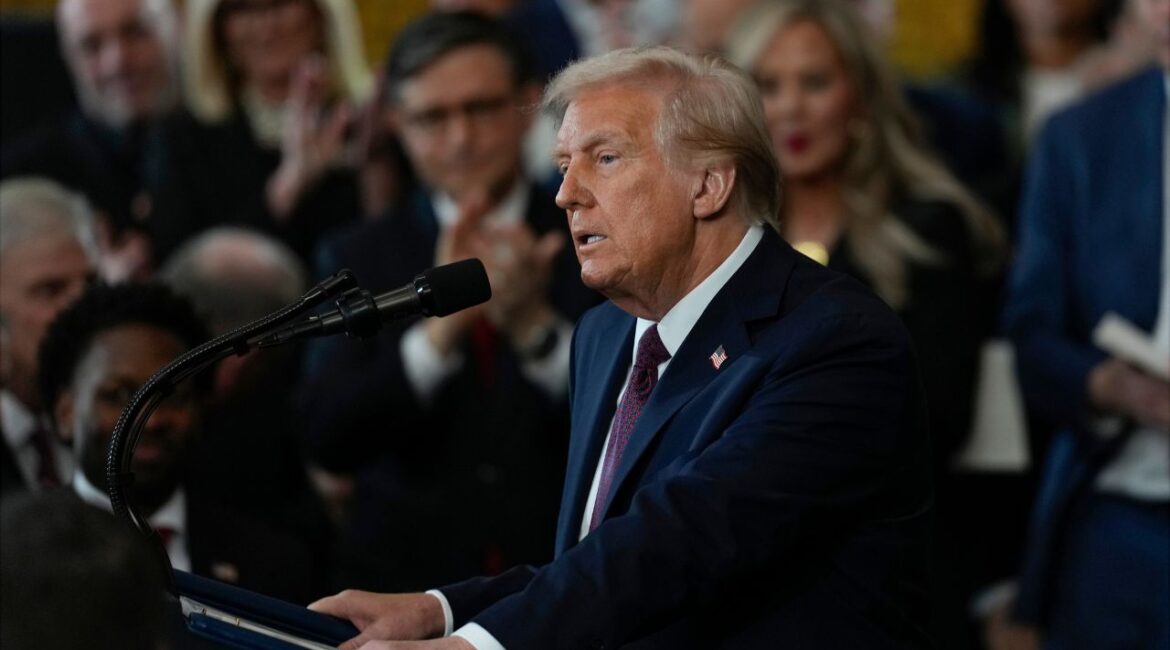 President Donald Trump gives his inaugural address during the 60th Presidential Inauguration in the Rotunda of the U.S. Capitol in Washington, Monday, Jan. 20, 2025. (AP/Julia Demaree Nikhinson)