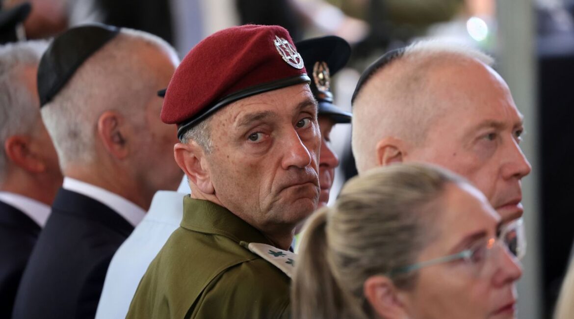 Lieutenant-General Herzi Halevi, center, attends a ceremony marking the Hebrew calendar anniversary of the Hamas attack on Oct. 7, 2023, at the Mount Herzl military cemetery in Jerusalem, Israel, on Oct. 27, 2024. (AP File)