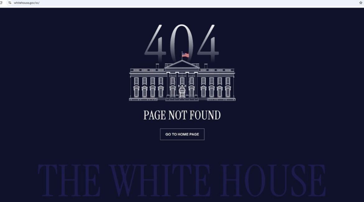 This screenshot captured on Jan. 21, 2025, shows the error message that now appears on what was the Spanish language version of the White House homepage during President Joe Biden's administration. (AP/Fernanda Figueroa)