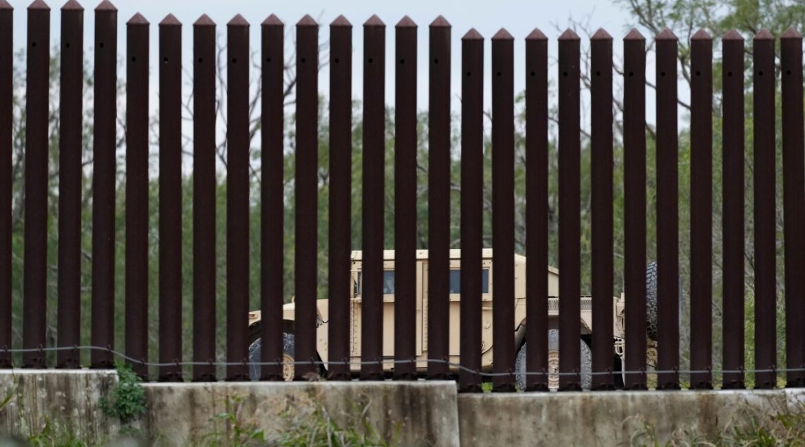A national guardsman patrols along a stretch of boarder wall, Tuesday, Jan. 21, 2025, in Brownsville, Texas. (AP/Eric Gay)