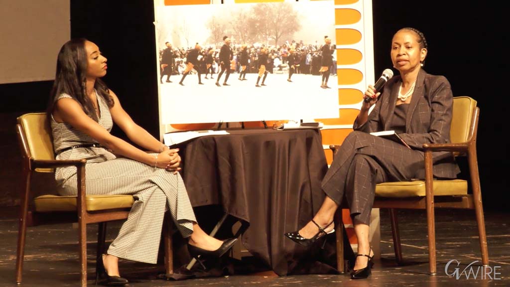 Brianna Willis from ABC 30 (Left) asks questions to local leader Wendy McCulley (Right). 01/20/25. (GV Wire/Jahz Tello)
