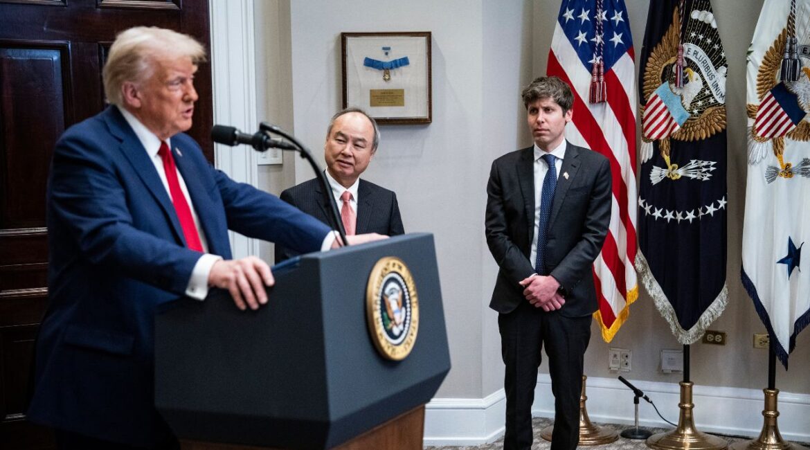 President Donald Trump is joined by, from left, Masayoshi Son, chief executive of SoftBank, and Sam Altman, chief executive of OpenAI, at an event touting a $100 billion venture in artificial intelligence infrastructure, at the White House in Washington on Tuesday, Jan. 21, 2025. Openly questioning the administration he now serves, Elon Musk cast doubt on Trump’s announcement, saying that the so-called “Stargate” venture did not have the financing to achieve the promised investment levels. (Haiyun Jiang/The New York Times)