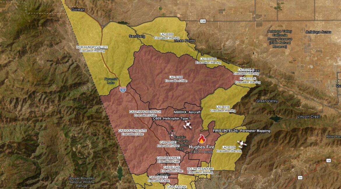 The Hughes Fire, that started on Wednesday, Jan. 22, 2025, has already grown to over 3,400 acres with evacuations already in effect. (CalFire)