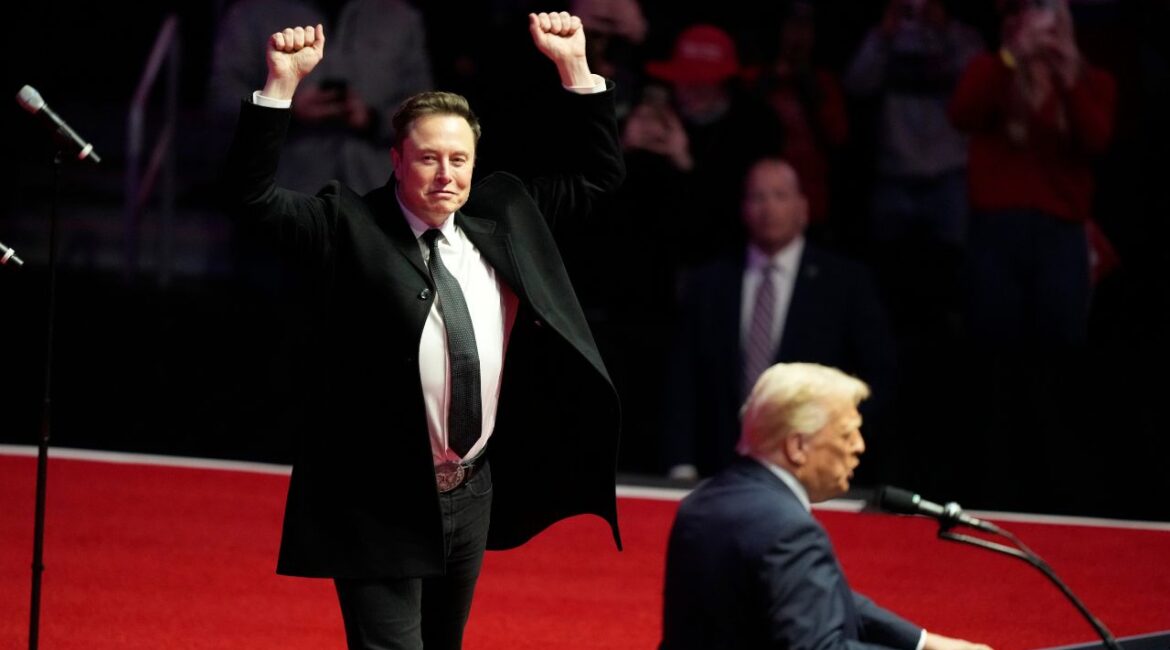 Elon Musk reacts as President-elect Donald Trump speaks at a rally ahead of the 60th Presidential Inauguration, Jan. 19, 2025, in Washington. (AP File)