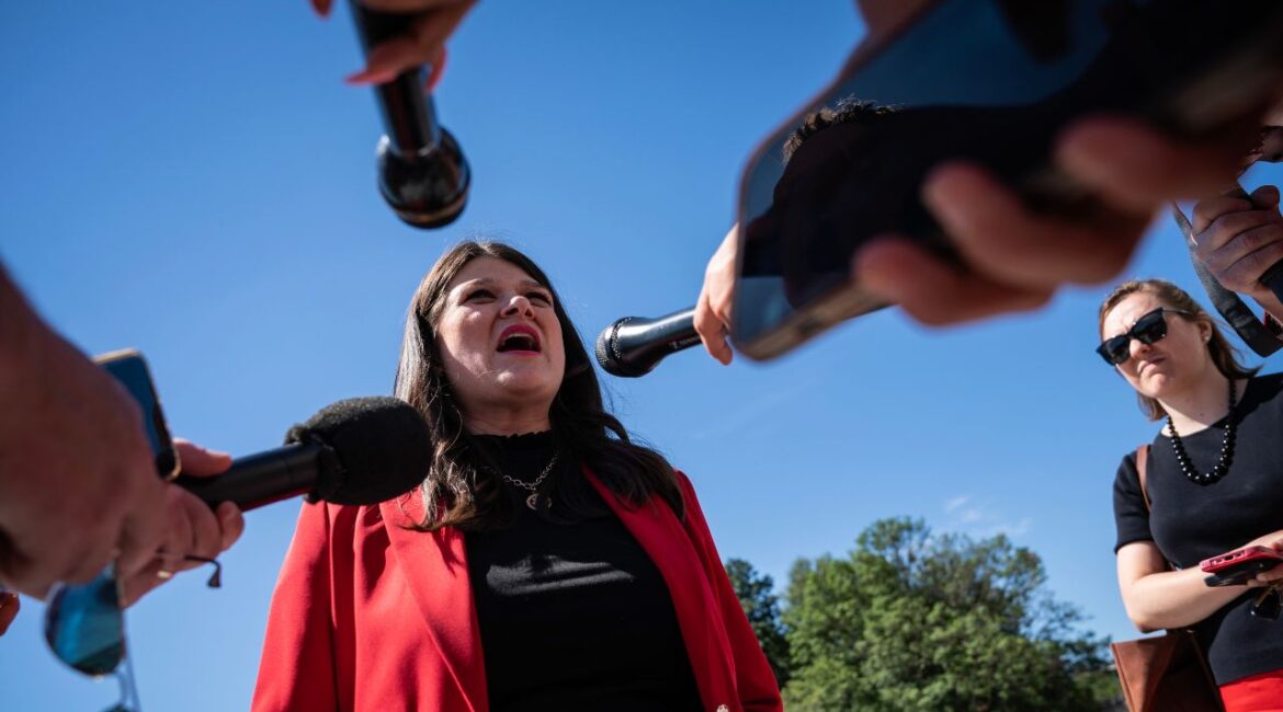 Rep. Haley Stevens (D-Mich.) speaks to reporters outside the Capitol in Washington on July 11, 2024. Regarding Donald Trump’s return to the White House, Stevens said that fellow Democrats “can’t be in a constant state of hysteria,” but added, “We also don’t want to be Pollyanna.” (Haiyun Jiang/The New York Times)