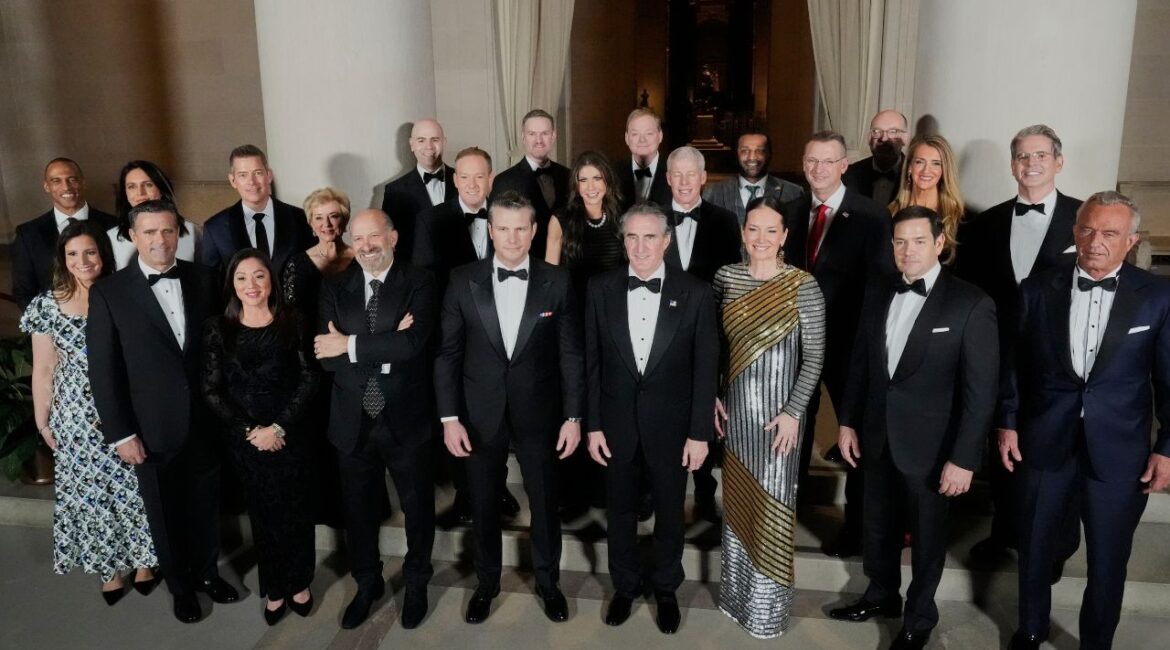 President-elect Donald Trump's Cabinet picks, other nominees and appointments, pose for a photo at the National Gallery of Art in Washington, Saturday, Jan. 18, 2025. First row from left, Elise Stefanik, John Ratcliffe, Lori Chavez-DeRemer, Howard Lutnick, Pete Hegseth, Doug Burgum, Brooke L. Rollins, Marco Rubio and Robert F. Kennedy Jr.; second row from left, Scott Turner, Tulsi Gabbard, Sean Duffy, Linda McMahon, Lee Zeldin, Kristi Noem, Chris Wright, Doug Collins, Kelly Loeffler and Scott Bessent; and third row from left, Stephen Miran, Jamieson Greer, Kevin Hassett, Kash Patel and Russell Vought. (AP/Mark Schiefelbein)