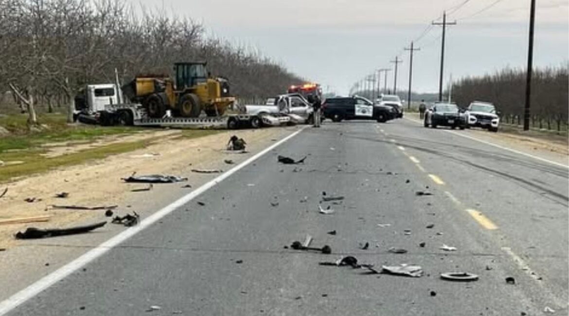 A traffic collision involving two single-passenger vehicles and a semi-truck near Visalia has left three injured, with one person pinned inside a vehicle, and emergency responders are on the scene. (Tulare County Fire)