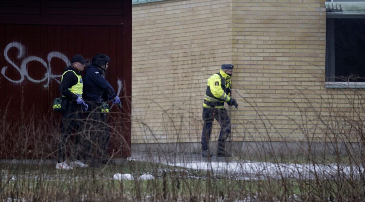 Police at the scene of an incident at Risbergska School, in Örebro, Sweden, Tuesday, Feb. 4, 2025. (Kicki Nilsson/TT News Agency via AP)