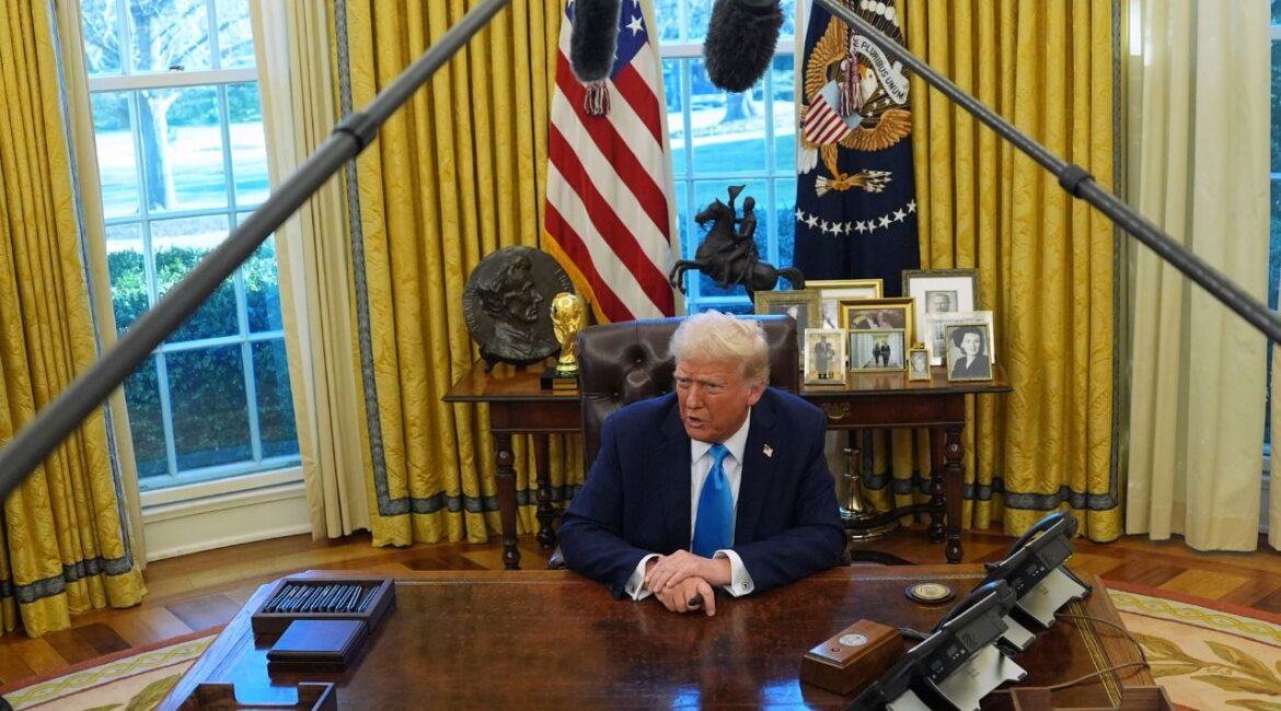 President Donald Trump speaks to reporters as he signs executive orders in the Oval Office of the White House, Tuesday, Feb. 4, 2025, in Washington. (AP/Evan Vucci)