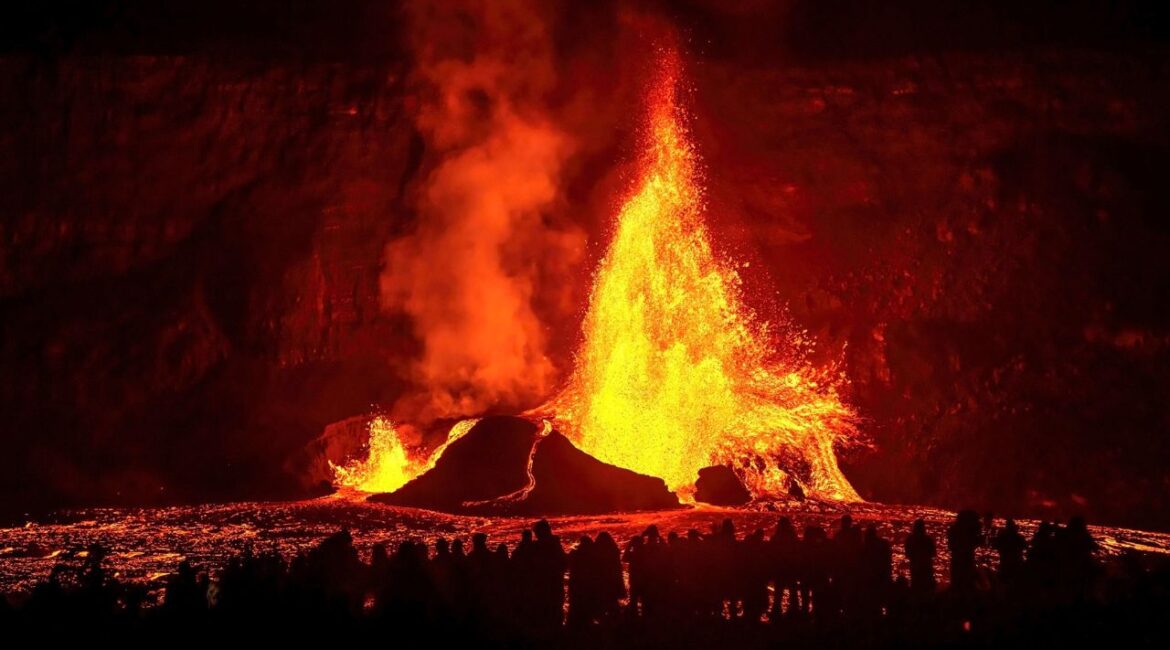 In this photo provided by National Park Service, a fountain of lava spews from an eruption of Kilauea volcano in Hawaii Volcanoes National Park on the Big Island of Hawaii, on Monday, Feb. 3, 2025. (Janice Wei/NPS via AP)
