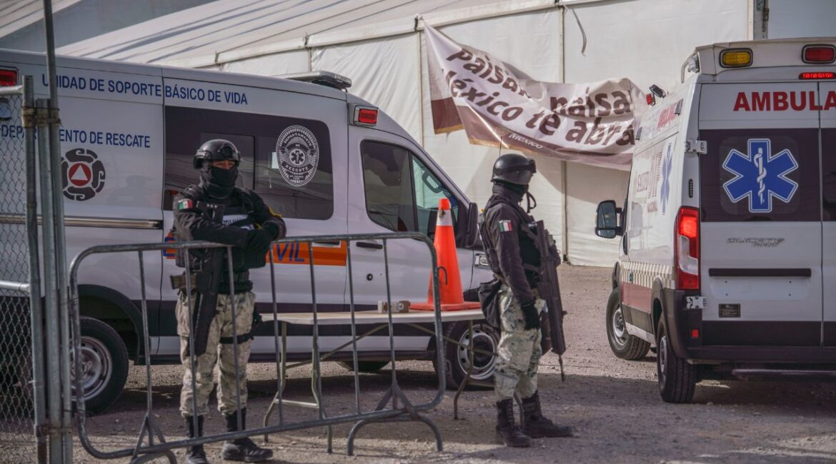 Mexican National Guard soldiers near tents set up as part of a plan to receive thousands of its deported citizens from the U.S., in Ciudad Juárez, Mexico, Jan. 30, 2025. President Claudia Sheinbaum’s government said the National Guard members had redeployed to 18 cities and towns along the U.S.-Mexico border as part of a deal to delay U.S. tariffs. (Paul Ratje/The New York Times)