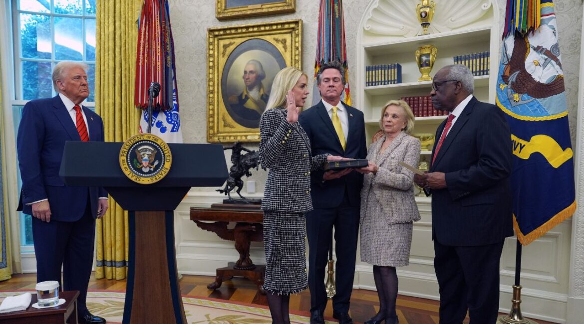 Pam Bondi is sworn in as Attorney General by Supreme Court Associate Justice Clarence Thomas, right, as President Donald Trump, partner John Wakefield and mother Patsy Bondi, look on, in the Oval Office of the White House, Wednesday, Feb. 5, 2025, in Washington. (AP/Evan Vucci)