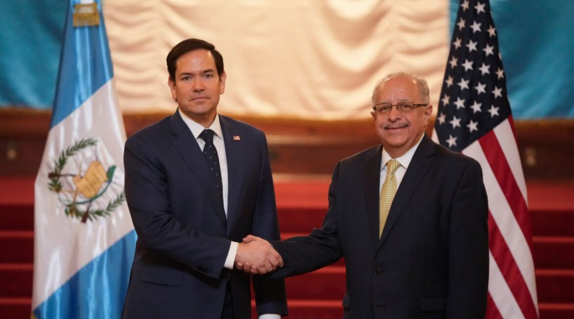 U.S. Secretary of State Marco Rubio, left, shakes hands with Guatemalan Foreign Affairs Minister Carlos Ramiro Martinez during a photo opportunity at the National Palace in Guatemala City, Wednesday, Feb. 5, 2025. (AP/Mark Schiefelbein, Pool)