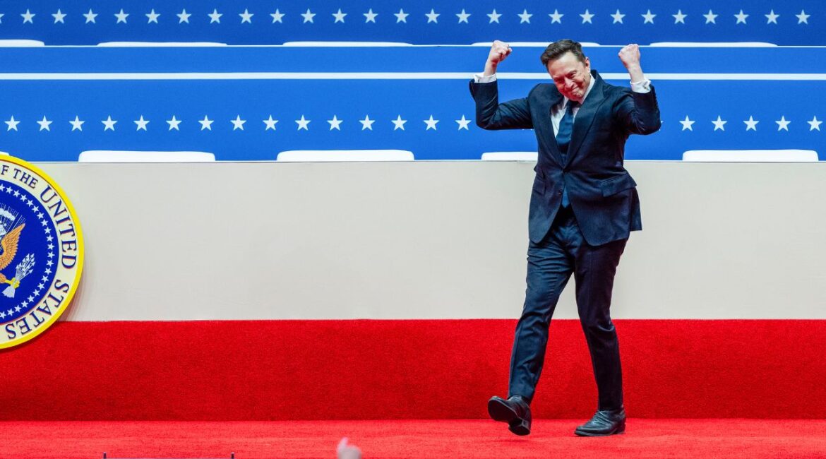 Elon Musk on stage after speaking during the inaugural parade inside Capitol One Arena following President Donald Trump’s inauguration as the 47th president in Washington, Jan. 20, 2025. White House officials declined to say if Elon Musk had been granted an exemption from the conflict-of-interest ban. (Eric Lee/The New York Times)