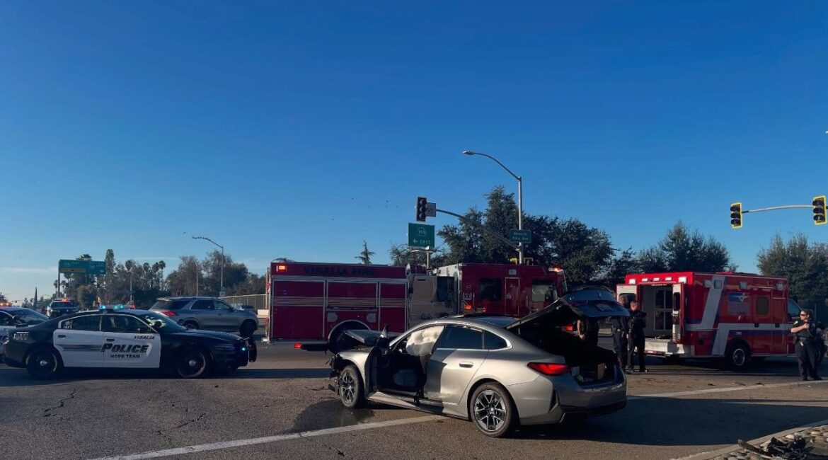 A stolen vehicle led to a brief police pursuit in Visalia on Tuesday, Feb. 11, 2025, before crashing into three vehicles, injuring the driver. (Visalia PD)