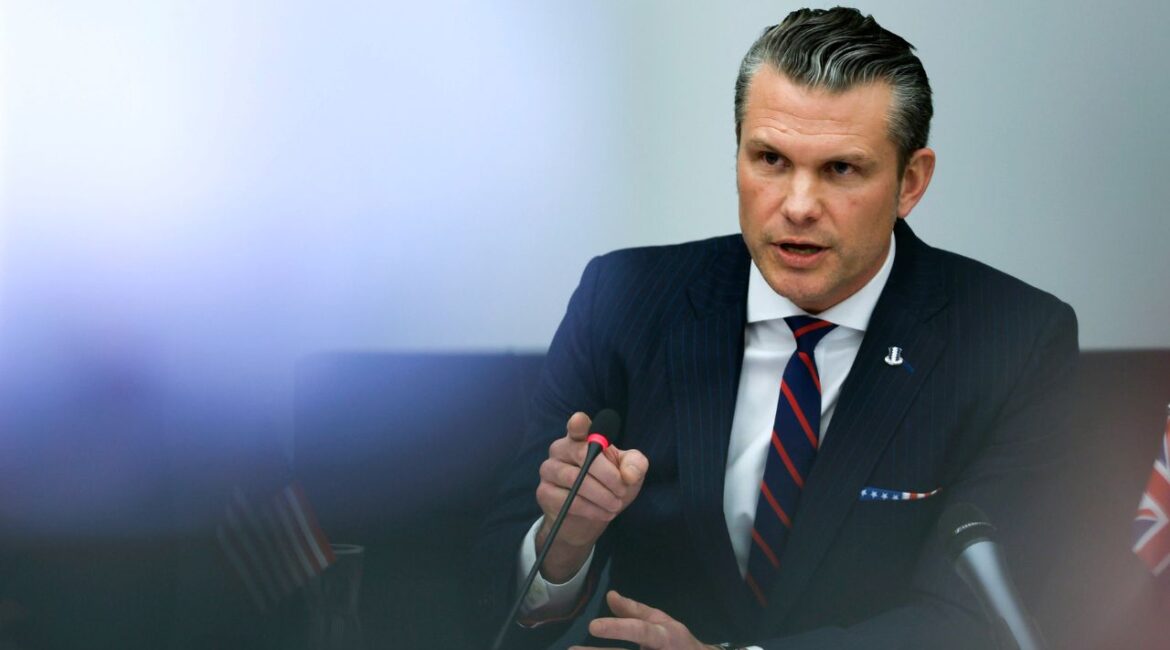 United States Secretary of Defense Pete Hegseth speaks during a meeting of the Ukraine Defense Contact group at NATO headquarters in Brussels, Wednesday, Feb. 12, 2025. (AP/Omar Havana)