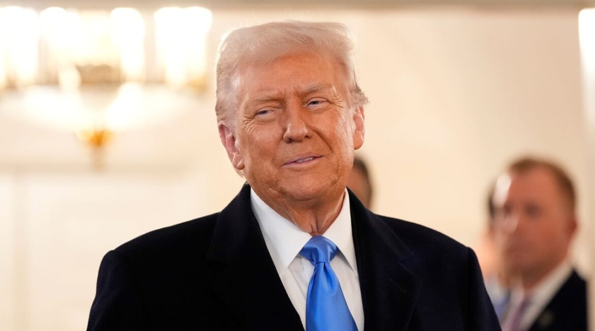 President Donald Trump arrives to greet Marc Fogel at the White House, Tuesday, Feb. 11, 2025, in Washington. (AP/Alex Brandon)