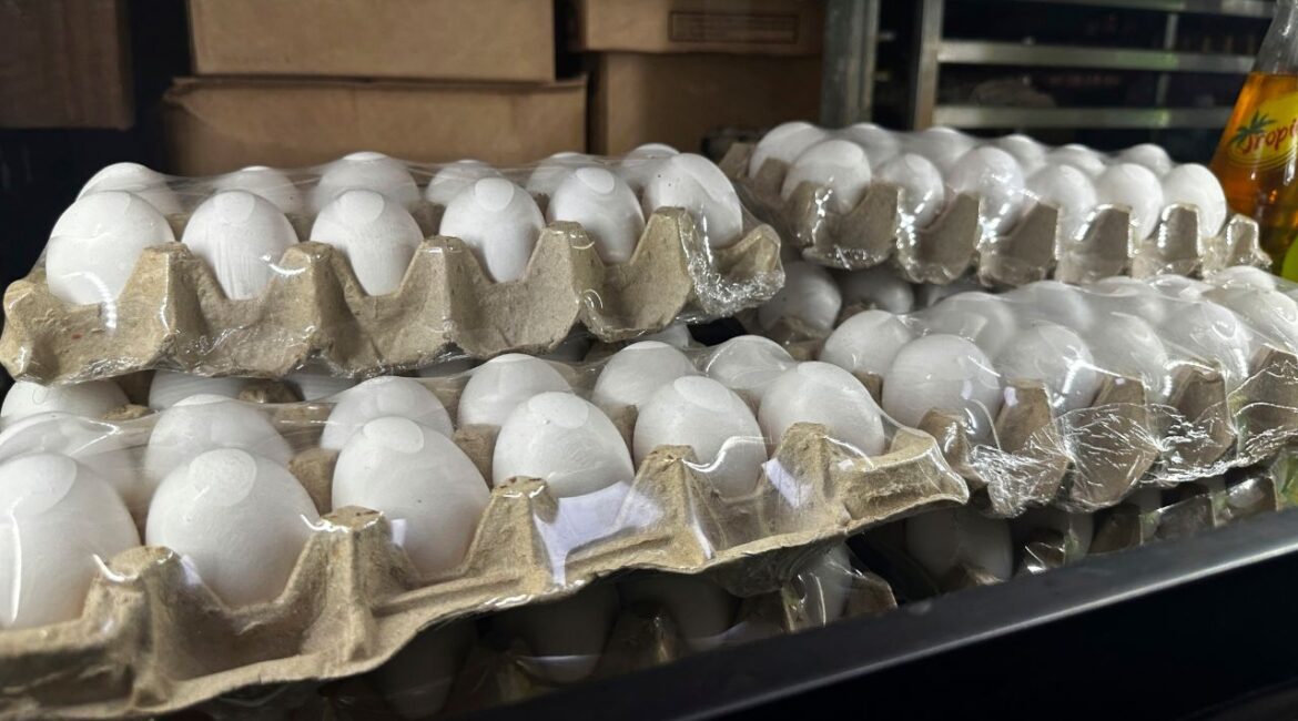 Cartons of eggs sit inside cooler at Norma's Sweets Bakery Tuesday, Feb. 11, 2025, in New Orleans. (AP Photo/Stephen Smith)