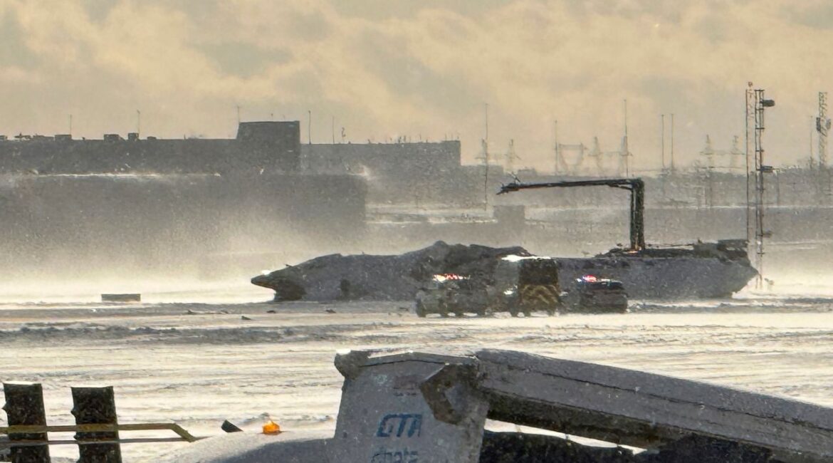 A Delta Air Lines plane heading from Minneapolis to Toronto crashed at Toronto's Pearson Airport, Monday Feb. 17, 2025. (Teresa Barbieri/The Canadian Press via AP)