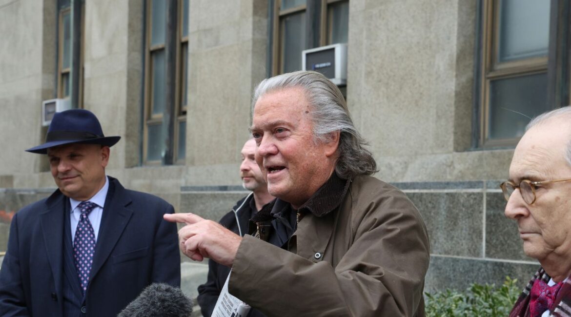 FILE — Steve Bannon speaks to reporters outside State Supreme Court in Manhattan, Feb. 11, 2025. Stephen Bannon, a top adviser during President Trump’s first term and a key figure among his supporters, said Elon Musk wants to “play-act as God” as part of his push to overhaul the federal government. (Jefferson Siegel/The New York Times)