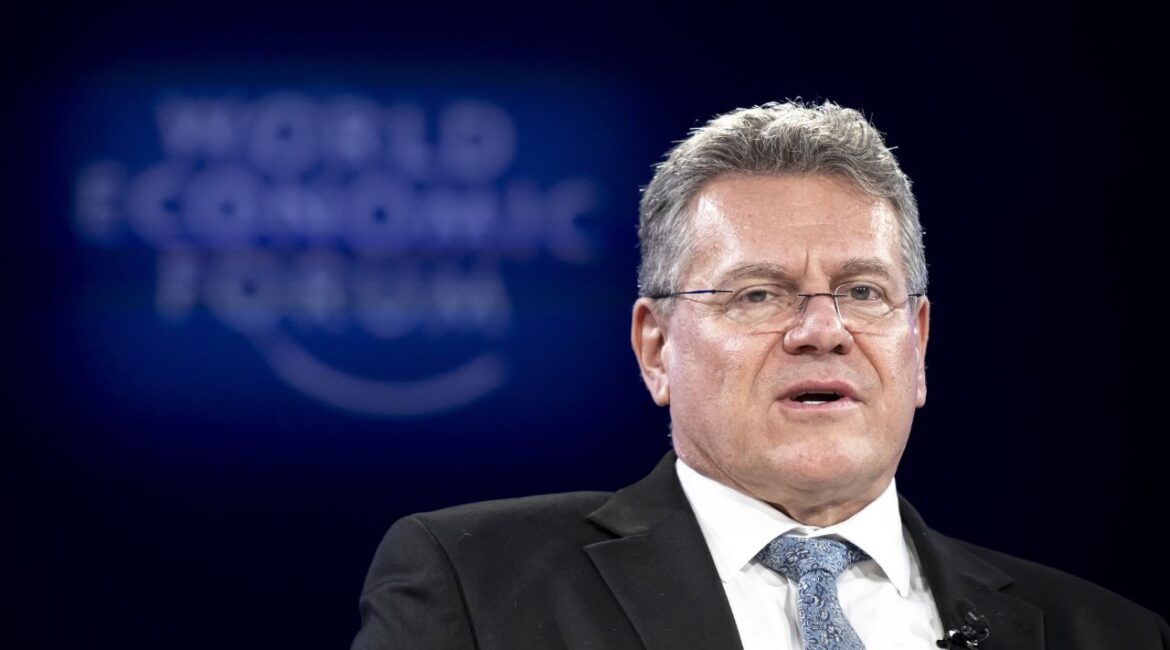 Maros Sefcovic, EU Commissioner for Trade and Economic Security, attends the Annual Meeting of World Economic Forum in Davos, Switzerland, Thursday, Jan. 23, 2025. (Laurent Gillieron/Keystone via AP)
