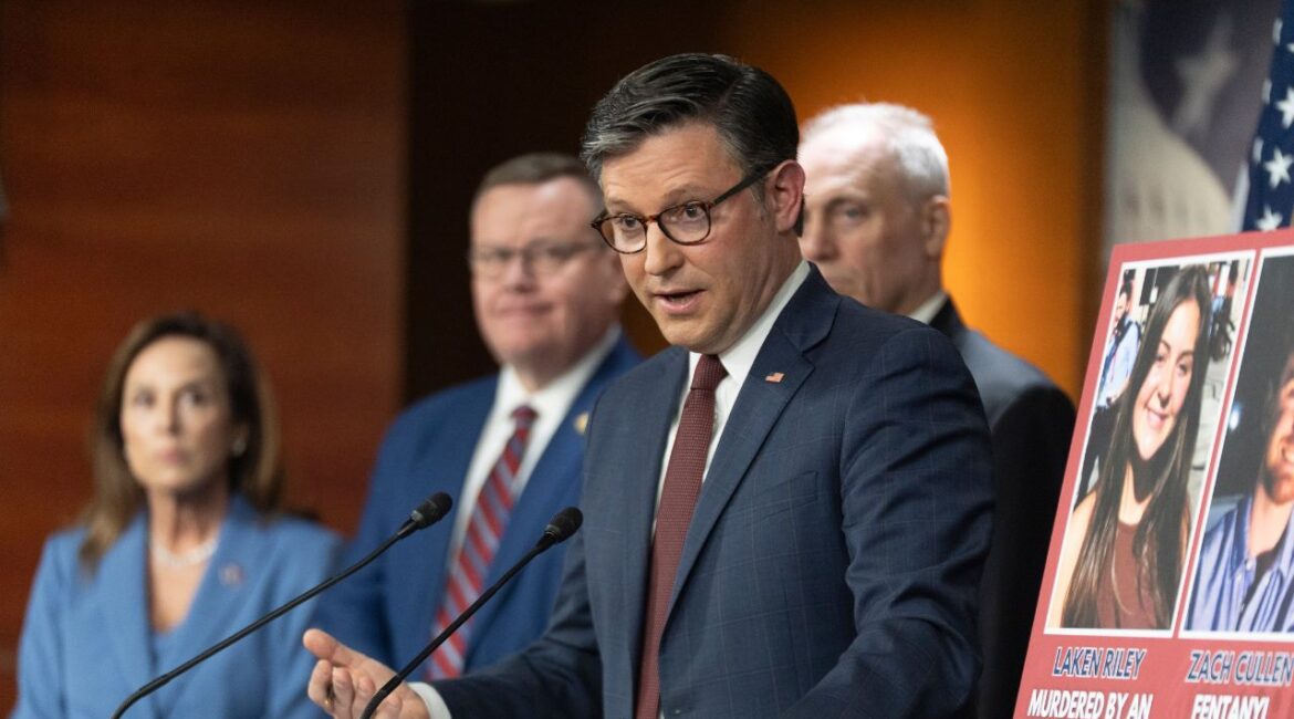 Speaker of the House Mike Johnson, of La., with House Republican Conference Chairwoman Lisa McClain, from left, Rep. Tim Moore, R-N.C. and House Majority Leader Steve Scalise, of La., speaks during a news conference at the Capitol, Tuesday, Feb. 25, 2025, in Washington. (AP/Manuel Balce Ceneta)