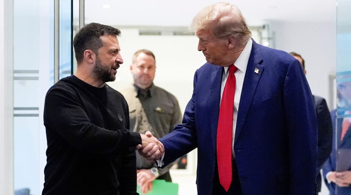Republican presidential nominee former President Donald Trump, right, and Ukraine's President Volodymyr Zelenskyy shake hands during their meeting at Trump Tower, Sept. 27, 2024, in New York. (AP File)