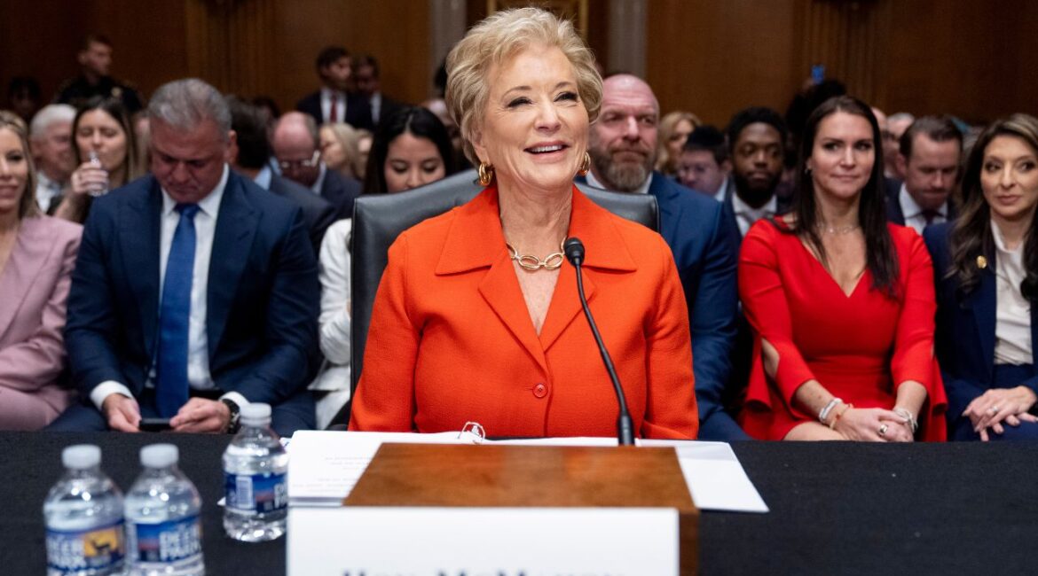 Linda McMahon, President Donald Trump's nominee for Secretary of Education, arrives for a hearing of the Health, Education, and Labor Committee on her nomination, Thursday, Feb. 13, 2025, in Washington. (AP/Jacquelyn Martin)