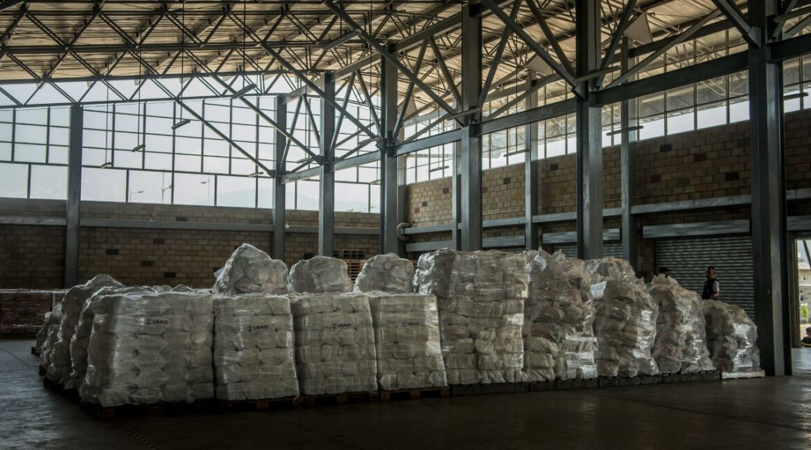 Hundreds of donated by USAID containing rice and other provisions in Cucuta, Colombia, Feb. 17, 2019. The Supreme Court on March 5 rejected President Donald Trump’s emergency request to freeze nearly $2 billion in foreign aid. (Meridith Kohut/The New York Times)