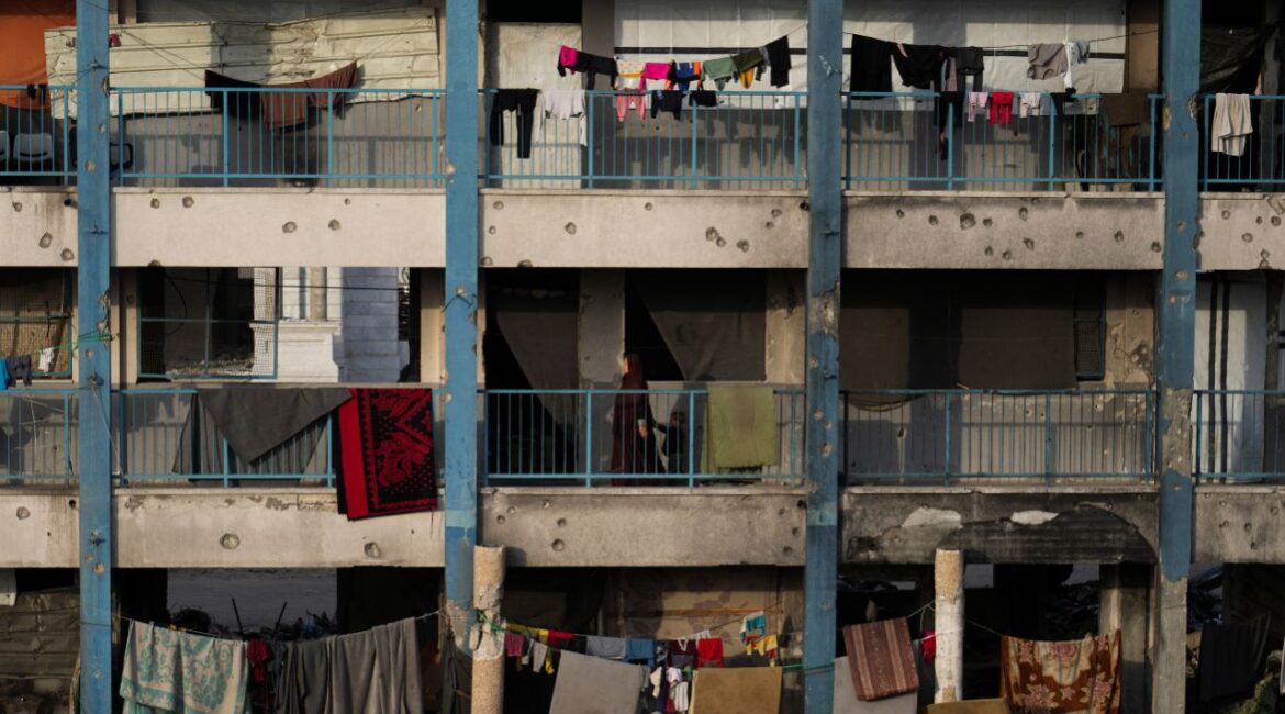Displaced Palestinians live in a school run by UNRWA, the U.N. agency helping Palestinian refugees, west of Gaza City, Sunday, March 9, 2025. (AP Photo/Jehad Alshrafi)