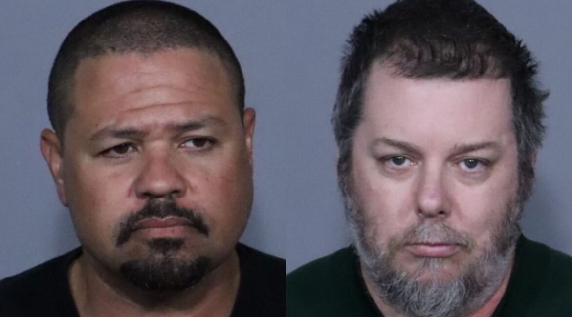Clovis Police raided a home occupied by squatters near Nees and Armstrong on Wednesday, arresting two men, John Devaul (left) , 47, of Clovis, and Brandon Gerber, 43, of Fresno, on drug and theft charges as part of an ongoing investigation into fraud, identity theft, and narcotics. (Clovis PD)