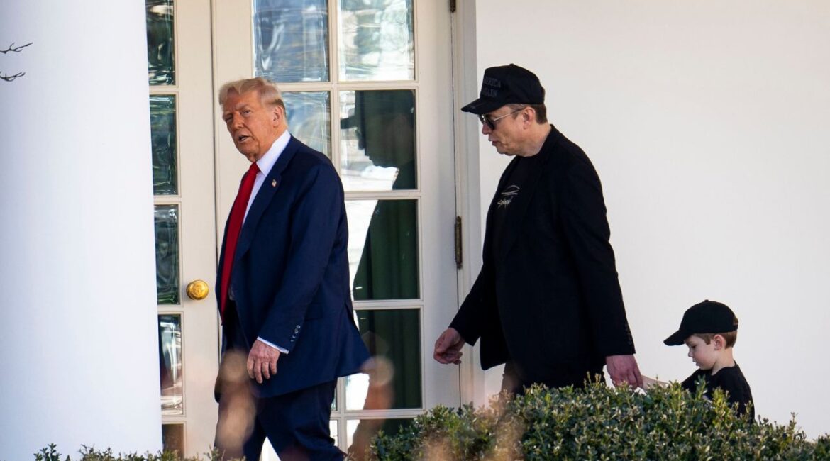 President Donald Trump walks with Elon Musk and his son X AE A-Xii, after looking at Tesla vehicles on the South Grounds of the White House in Washington, March 11, 2025. A federal judge in Washington ordered Musk and operatives involved with his Department of Government Efficiency to hand over an assortment of documents and written answers addressing its role in the government, a perch from which the unit has effected mass firings of federal workers and a dramatic dismantling of federal programs. (Doug Mills/The New York Times)