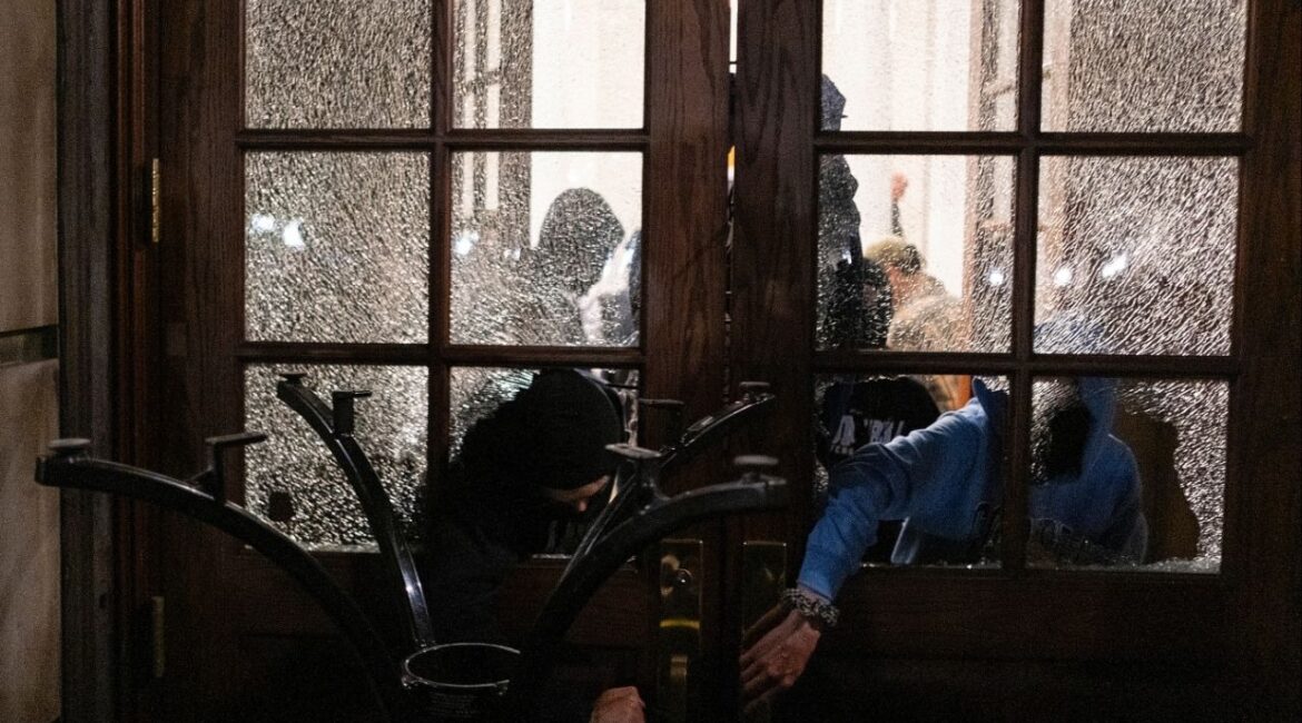 Students with the Gaza Solidarity Encampment block the entrance of Hamilton Hall at Columbia University after taking over it on Tuesday, April 30, 2024 in New York. (AP File)